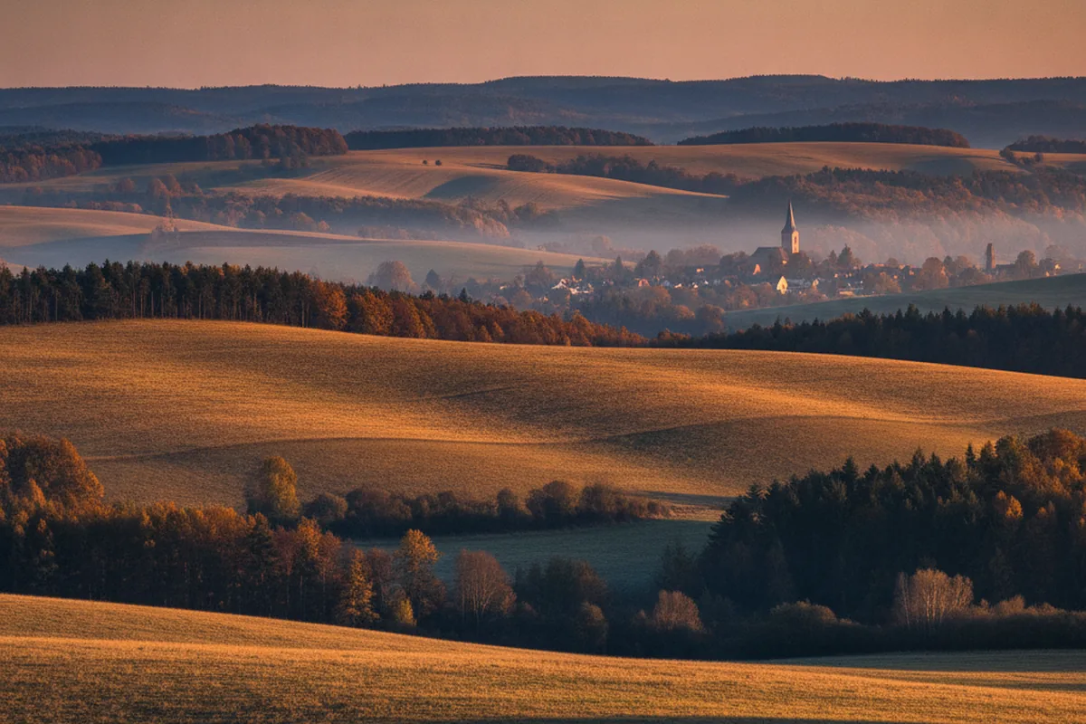 Sanfte Südharz-Hügellandschaft mit Kirchturm-Silhouette — sinnbildlich für den Mansfeld-Südharz-Landkreis