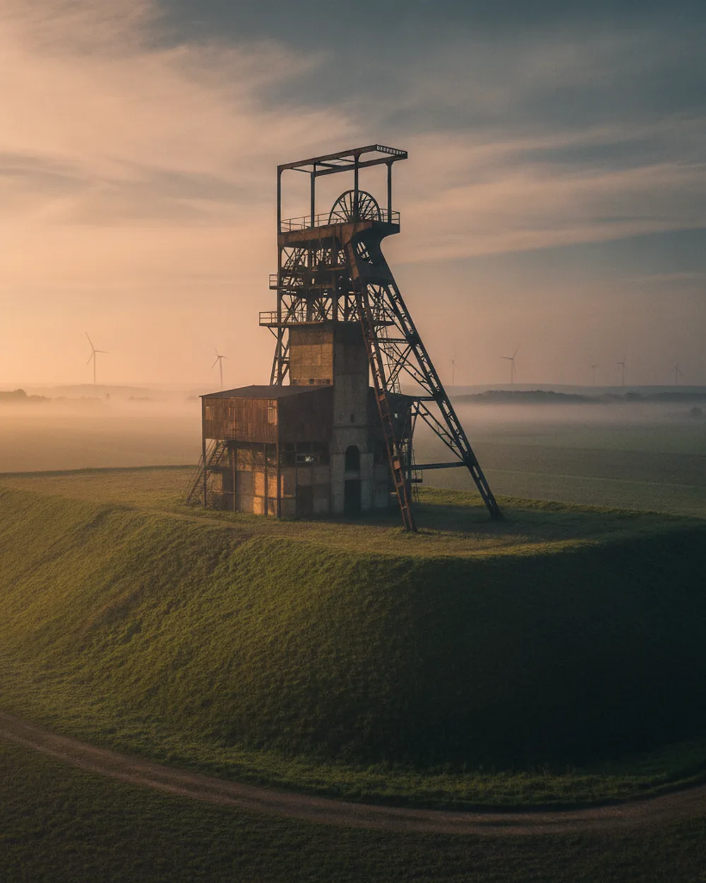 Historisches Fördergerüst der Mansfelder Kupferbergbau-Landschaft mit Halde und Windrädern — sinnbildlich für das Bergbau-Erbe des Mansfelder Landes