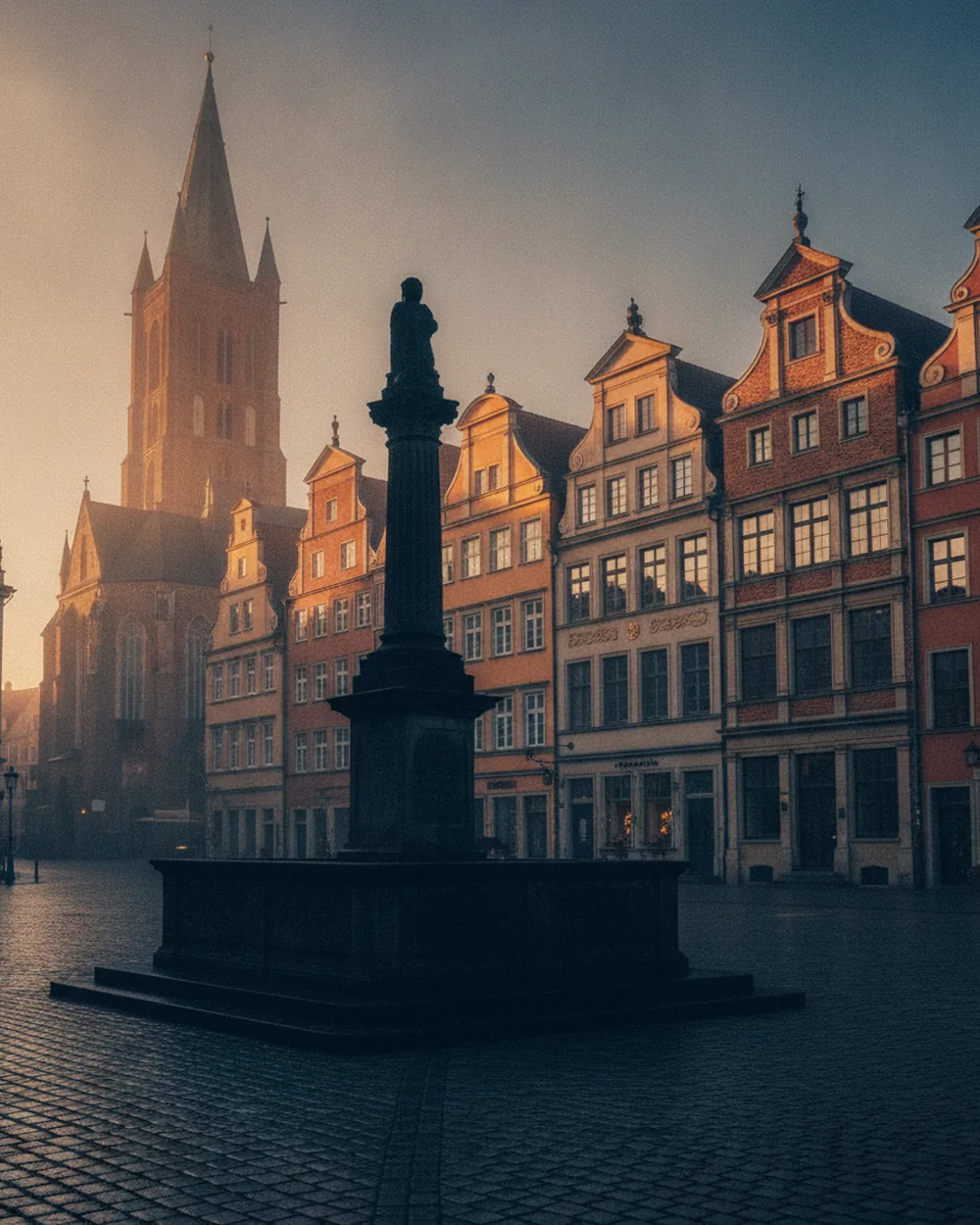 Historischer Marktplatz mit gotischem Kirchturm und Denkmal-Silhouette — sinnbildlich für die Innenstadt der Lutherstadt Eisleben